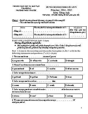 Đề thi chọn học sinh giỏi môn Tiếng Anh Lớp 9 - Năm học 2014-2015 - Trường THCS Tân Ước (Có đáp án)